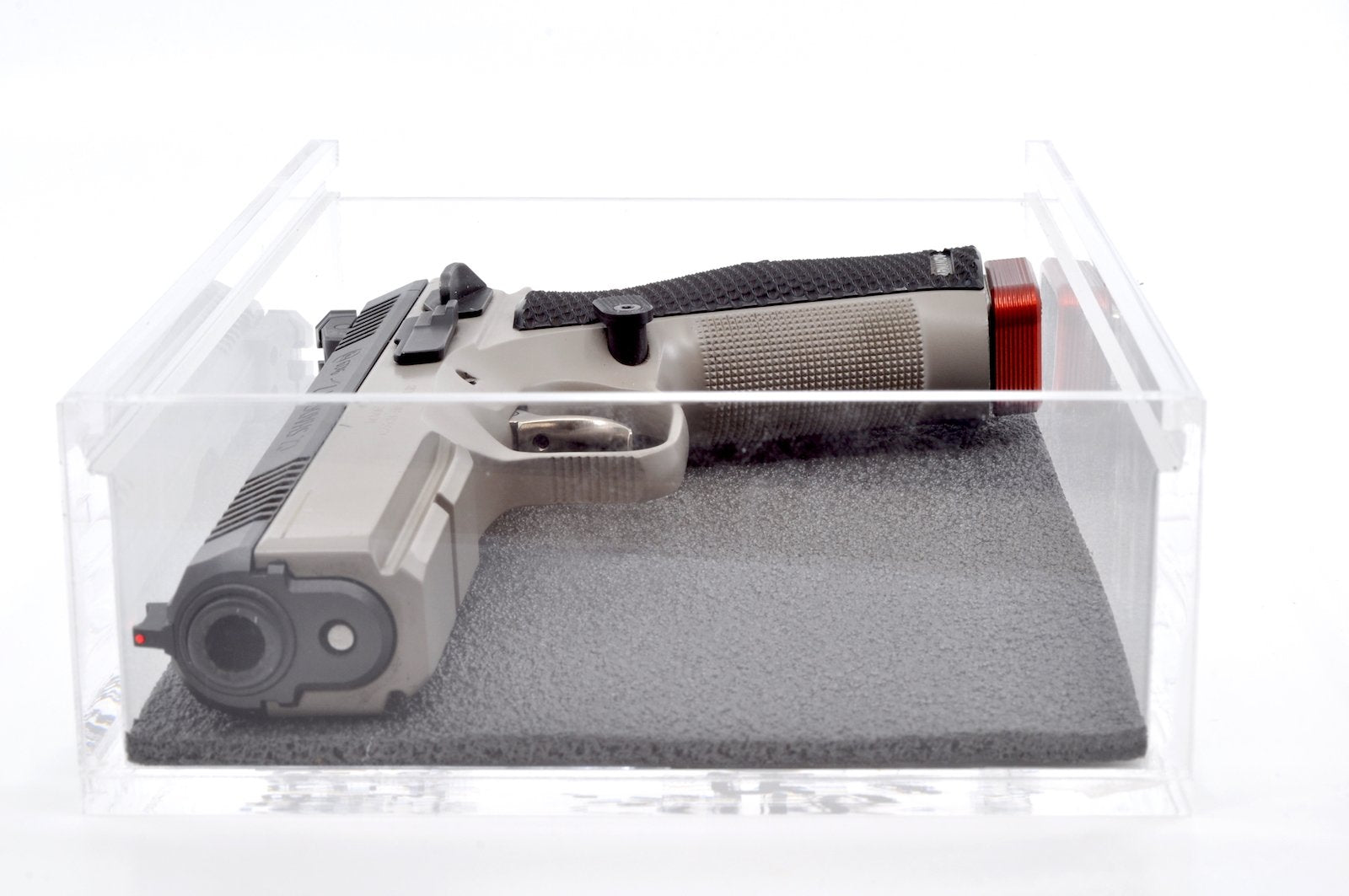 CZ pistol in IPSC box equipped with a base pad